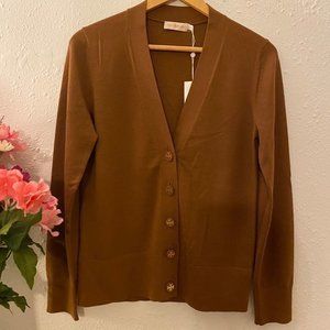 TORY BURCH SIMONE V-NECK CARDIGAN DARK BROWN SUGAR SIZE M